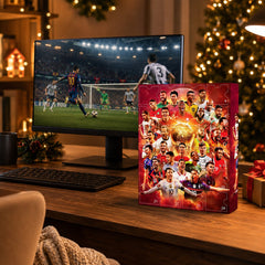 Calendrier de l'Avent football sur un bureau en bois avec décorations de Noël