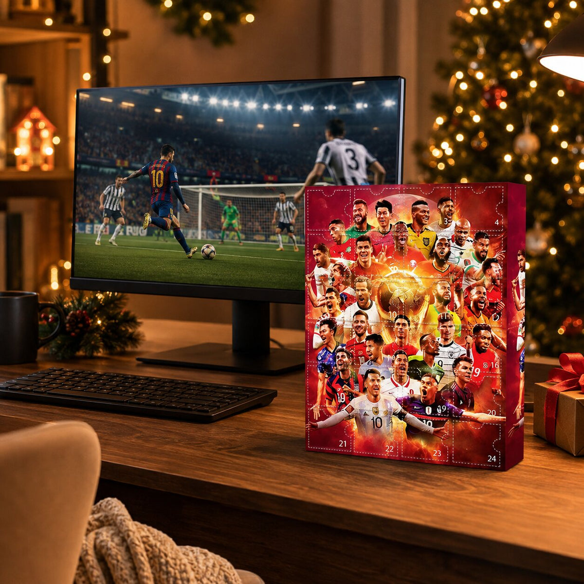 Calendrier de l'Avent football sur un bureau en bois avec décorations de Noël