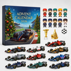 Calendrier de l'Avent Formule 1 2026 avec figurines de pilotes, voitures de course et boules décoratives