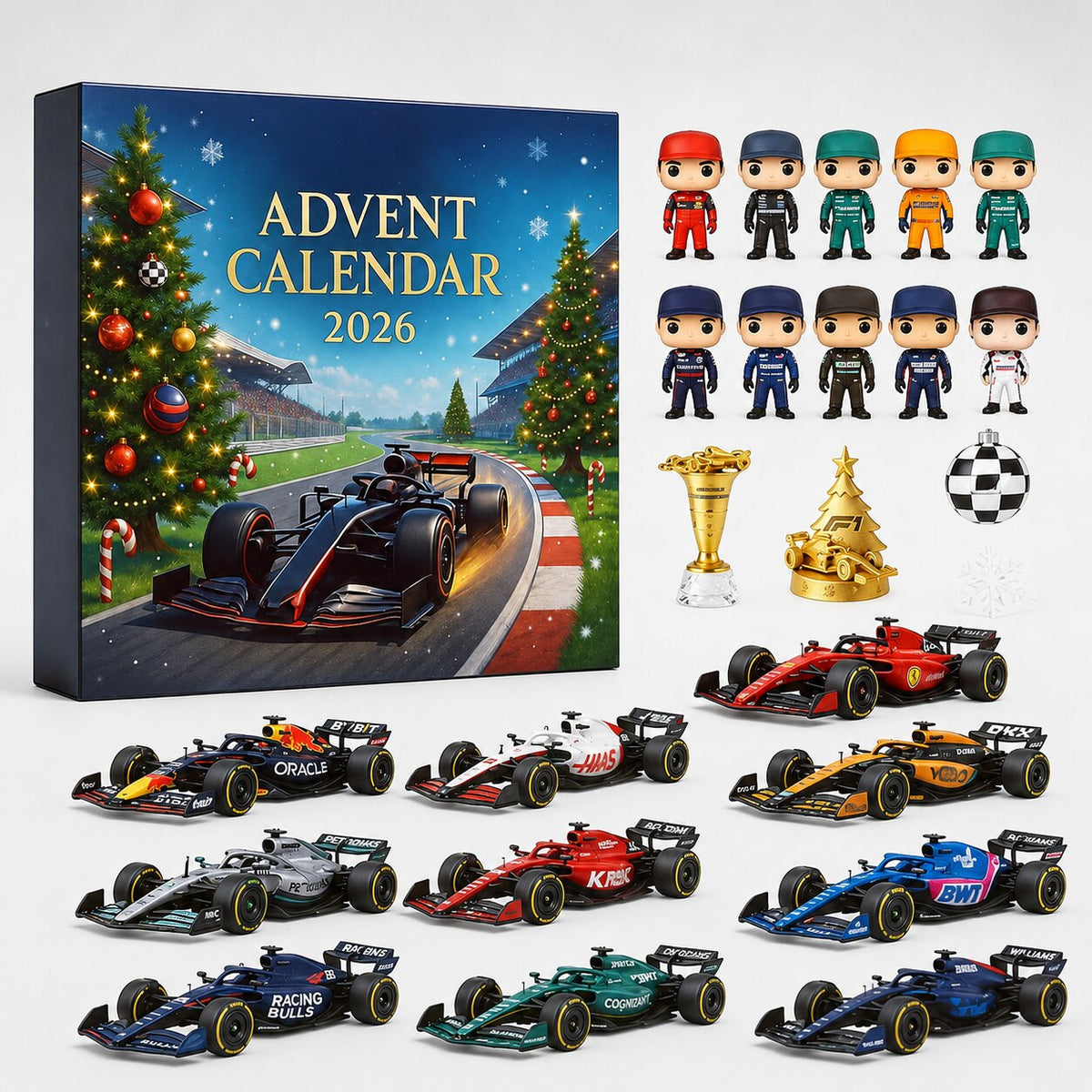Calendrier de l'Avent Formule 1 2026 avec figurines de pilotes, voitures de course et boules décoratives