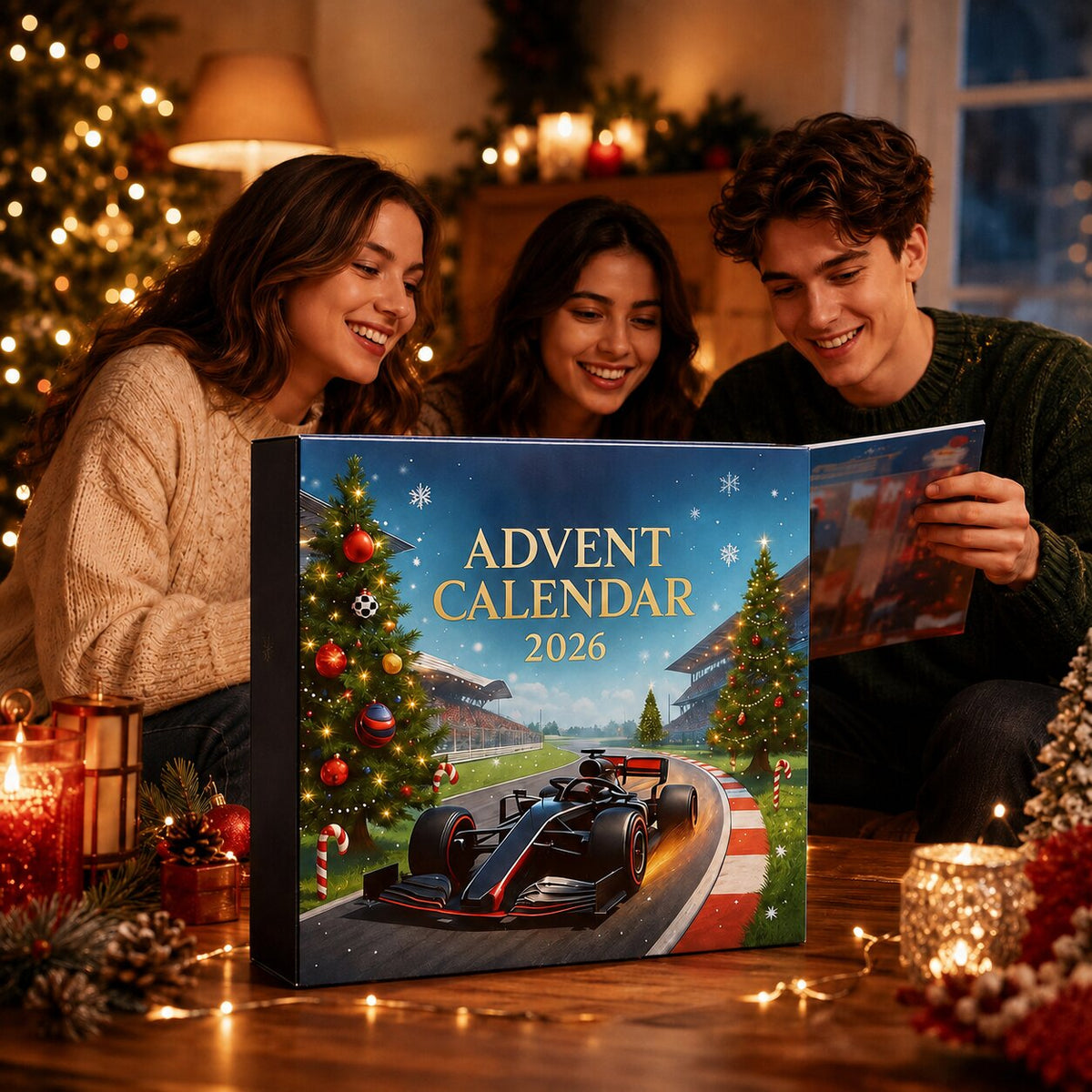 Trois jeunes ouvrant le calendrier de l'Avent Formule 1 2026 devant un sapin illuminé