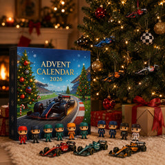 Calendrier de l'Avent Formule 1 posé au pied du sapin avec figurines et monoplaces alignés