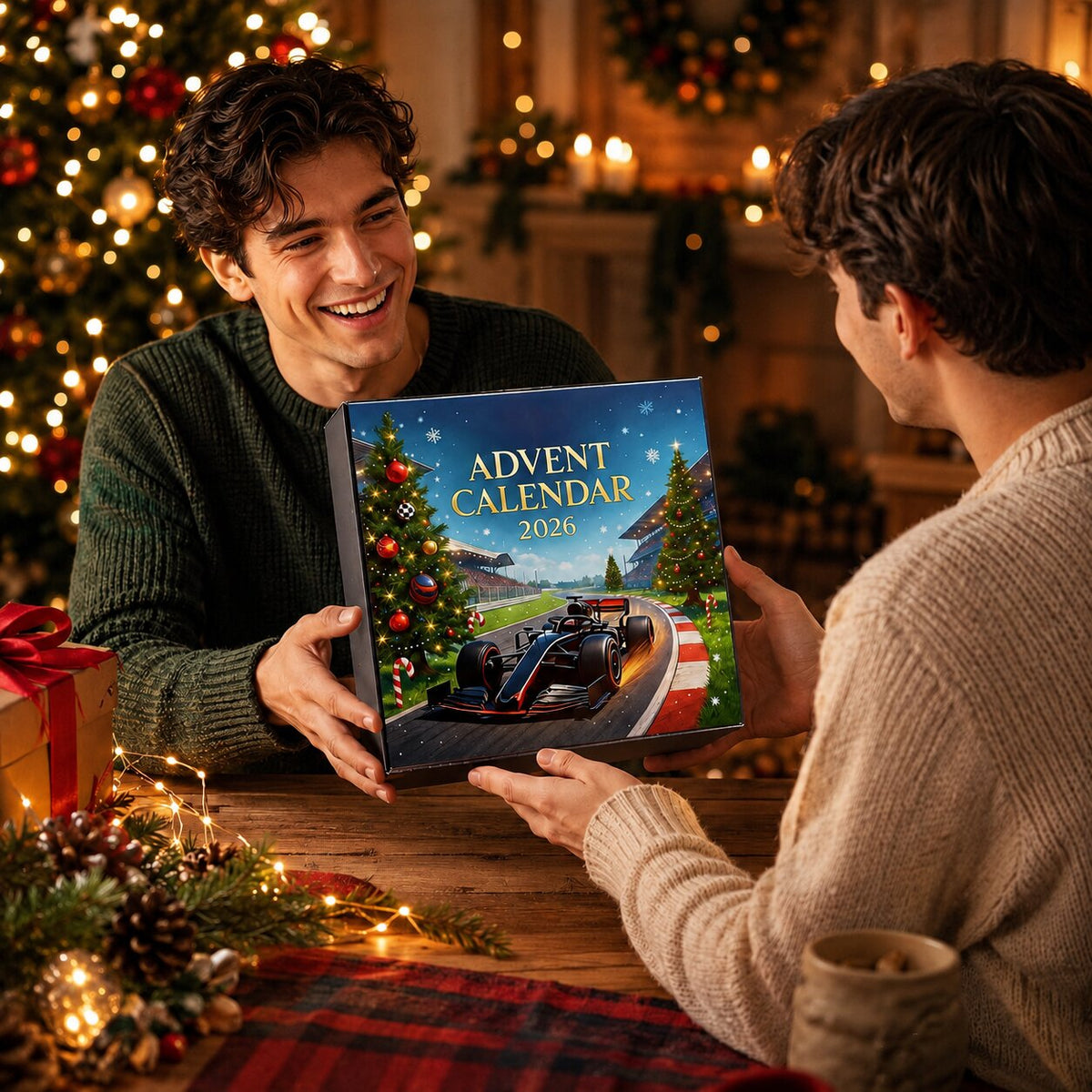 Calendrier de l'Avent Formule 1 2026 offert en cadeau dans un salon décoré pour Noël