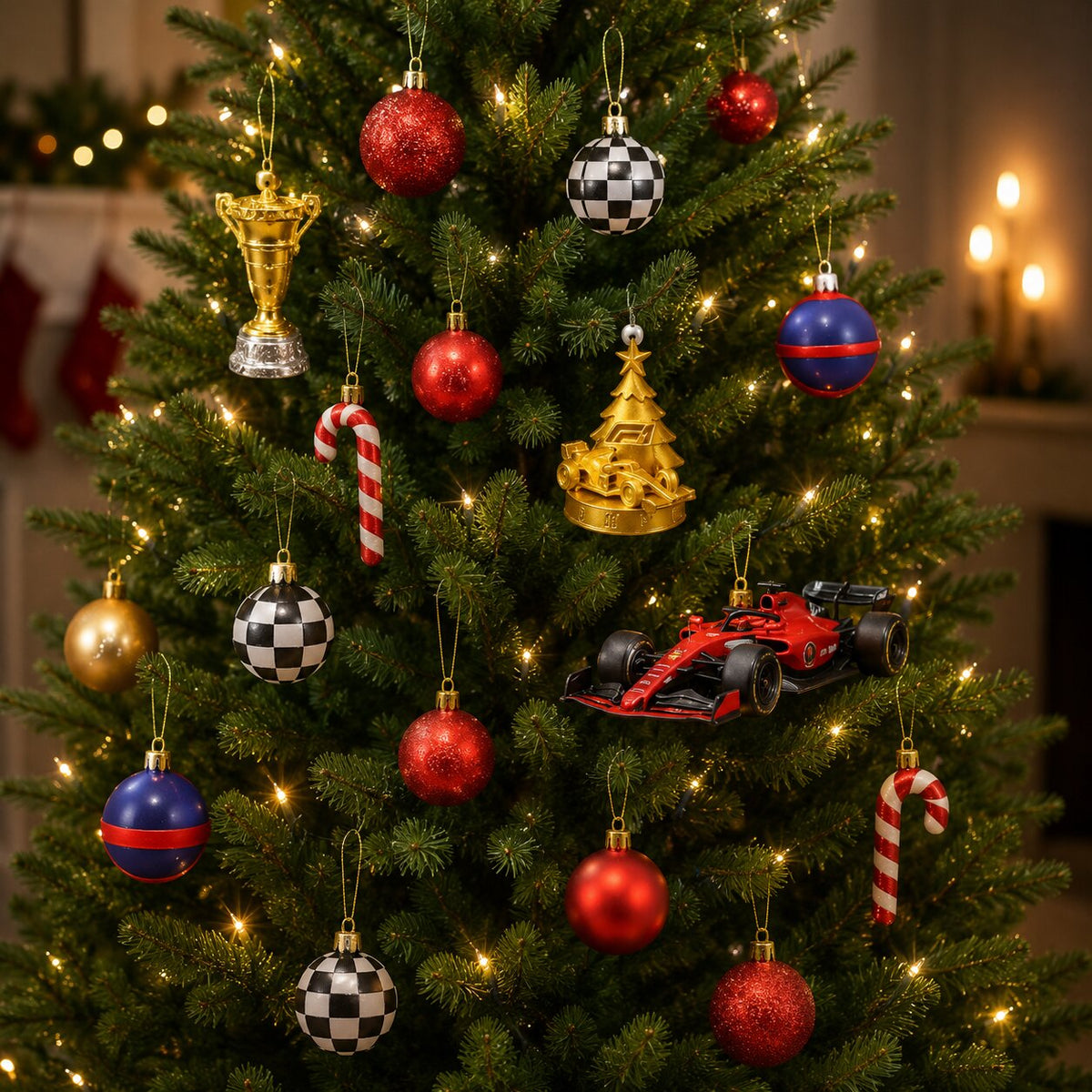 Ornements de Noël sur le sapin : boules damier, trophée doré, sucres d'orge et voiture de course rouge