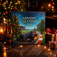 Boîte du calendrier de l'Avent Formule 1 2026 illustrée d'un monoplace sur un circuit bordé de sapins