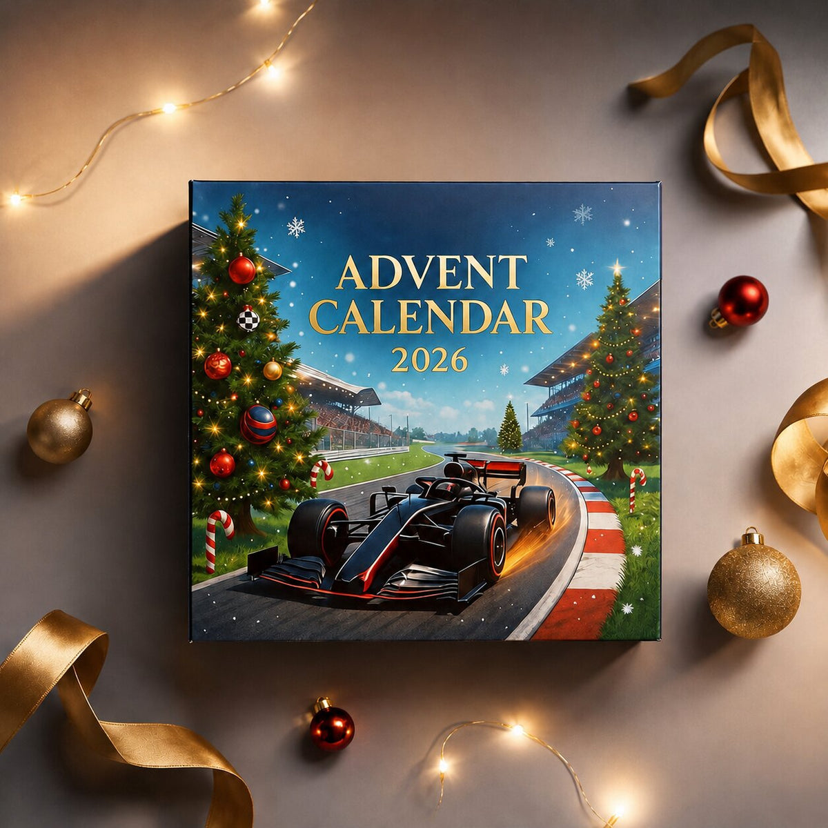 Calendrier de l'Avent Formule 1 2026 vu de dessus entouré de rubans dorés et de boules de Noël