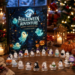 Calendrier de l'Avent Halloween 2026 et ses motifs fantômes alignés sur une table en bois