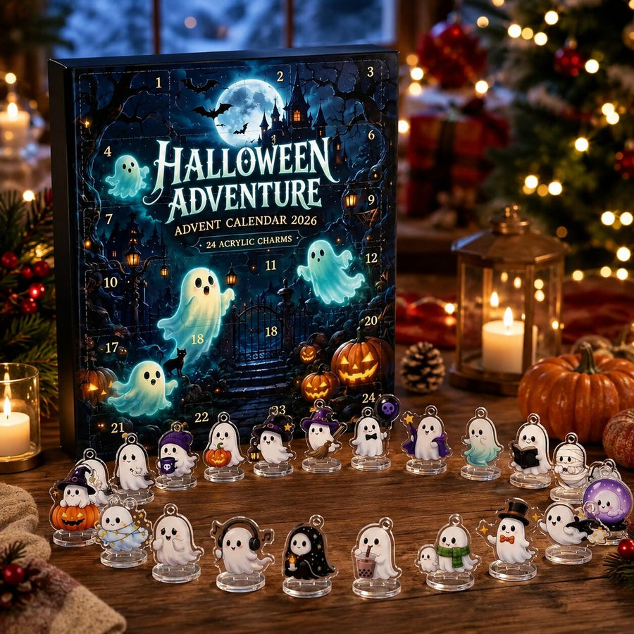Calendrier de l'Avent Halloween 2026 et ses motifs fantômes alignés sur une table en bois
