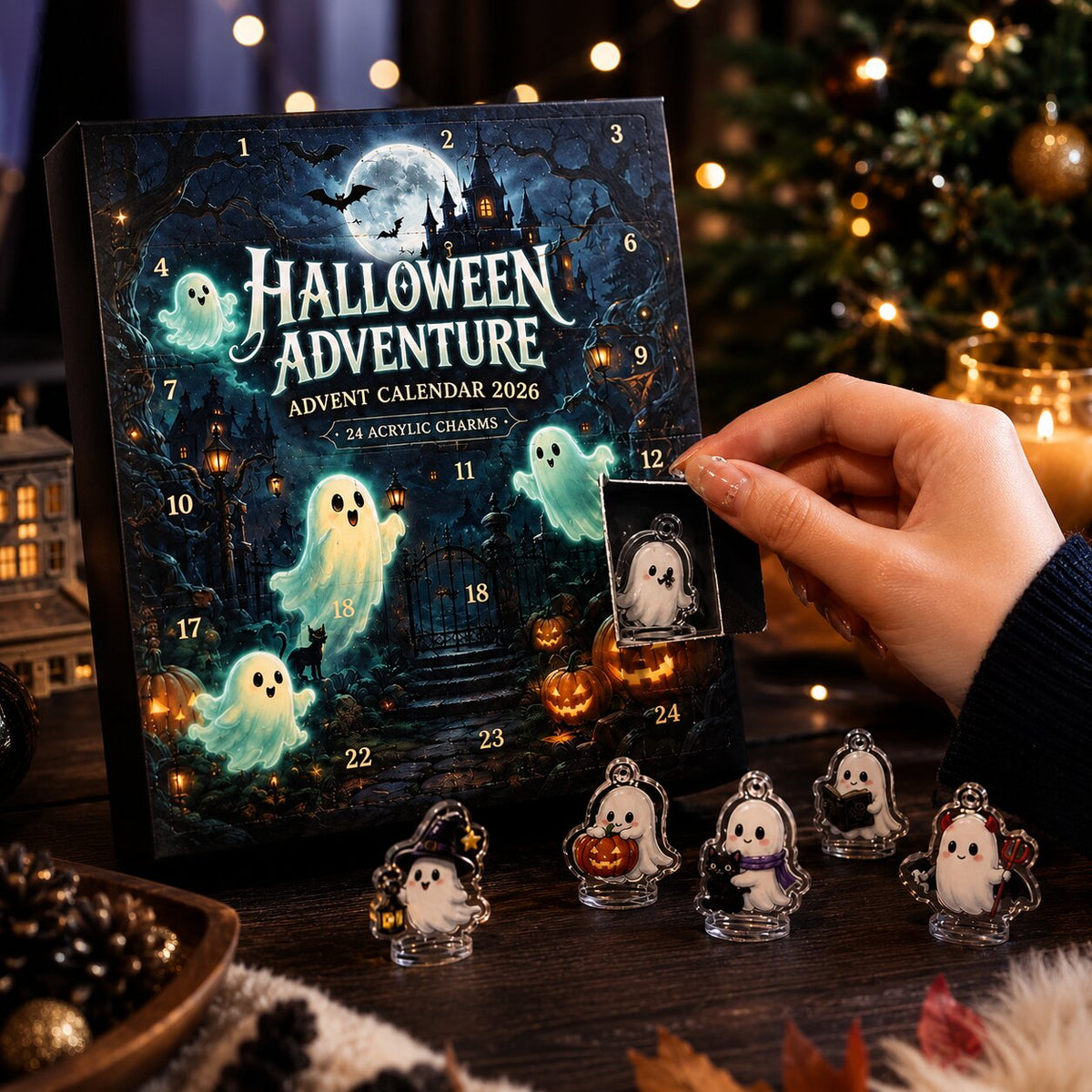Main ouvrant un compartiment du calendrier Halloween et découvrant un motif fantôme