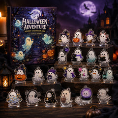 Les 24 motifs du calendrier Halloween disposés devant la boîte illustrée du manoir hanté