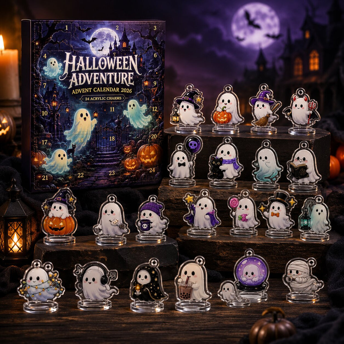 Les 24 motifs du calendrier Halloween disposés devant la boîte illustrée du manoir hanté