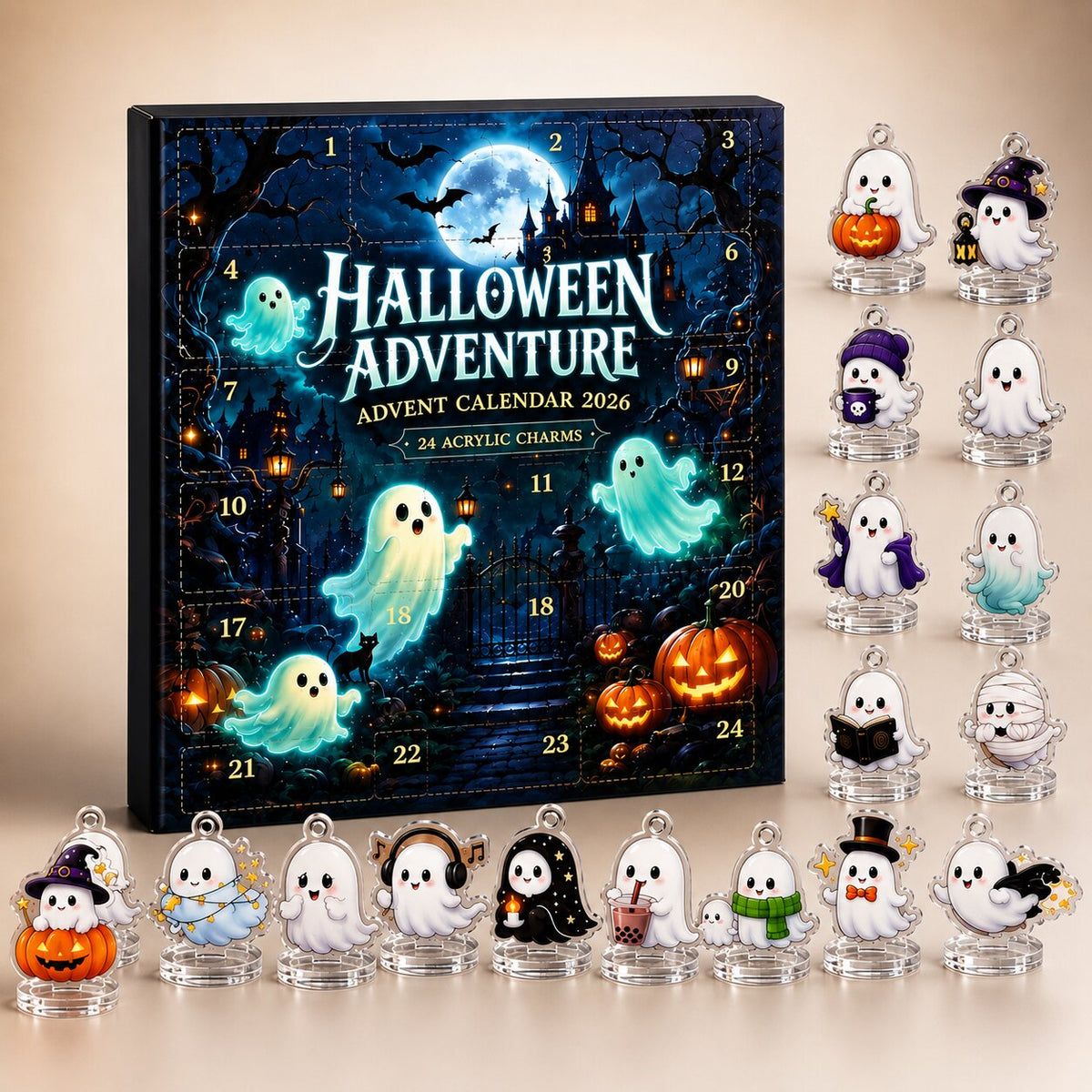 Boîte du calendrier Halloween 2026 avec ses compartiments numérotés et les motifs sur socles