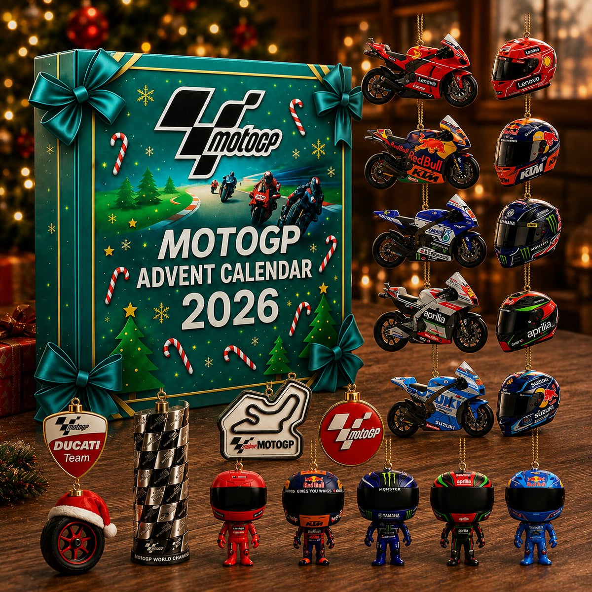Calendrier de l'Avent MotoGP 2026 et ses ornements motos, casques et pilotes