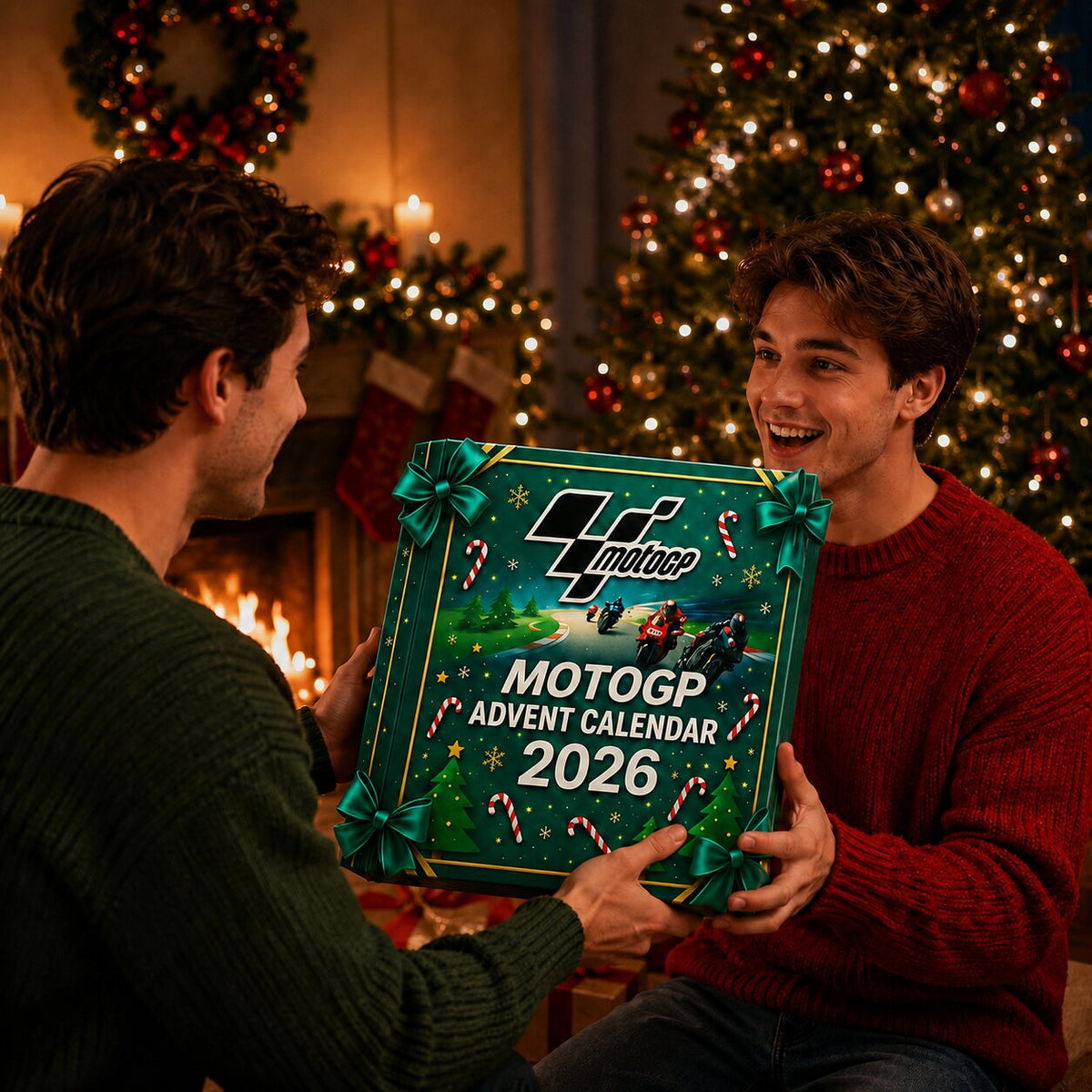 Calendrier de l'Avent MotoGP 2026 offert en cadeau devant un sapin illuminé