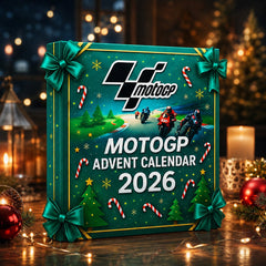 Boîte verte du calendrier de l'Avent MotoGP 2026 avec nœuds et sapins imprimés