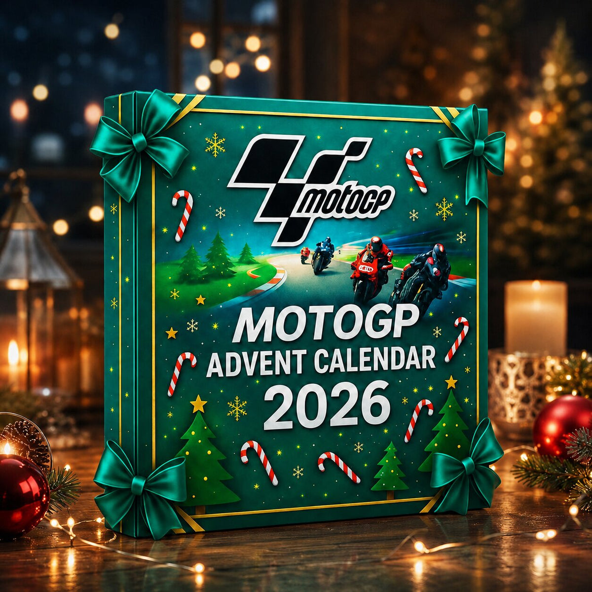 Boîte verte du calendrier de l'Avent MotoGP 2026 avec nœuds et sapins imprimés