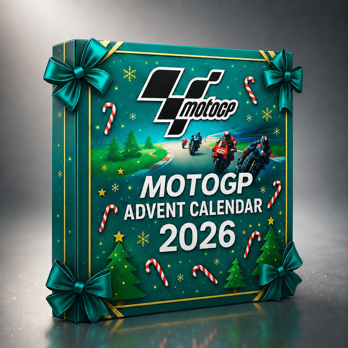 Calendrier de l'Avent MotoGP 2026 de trois quarts, logo MotoGP et liseré doré