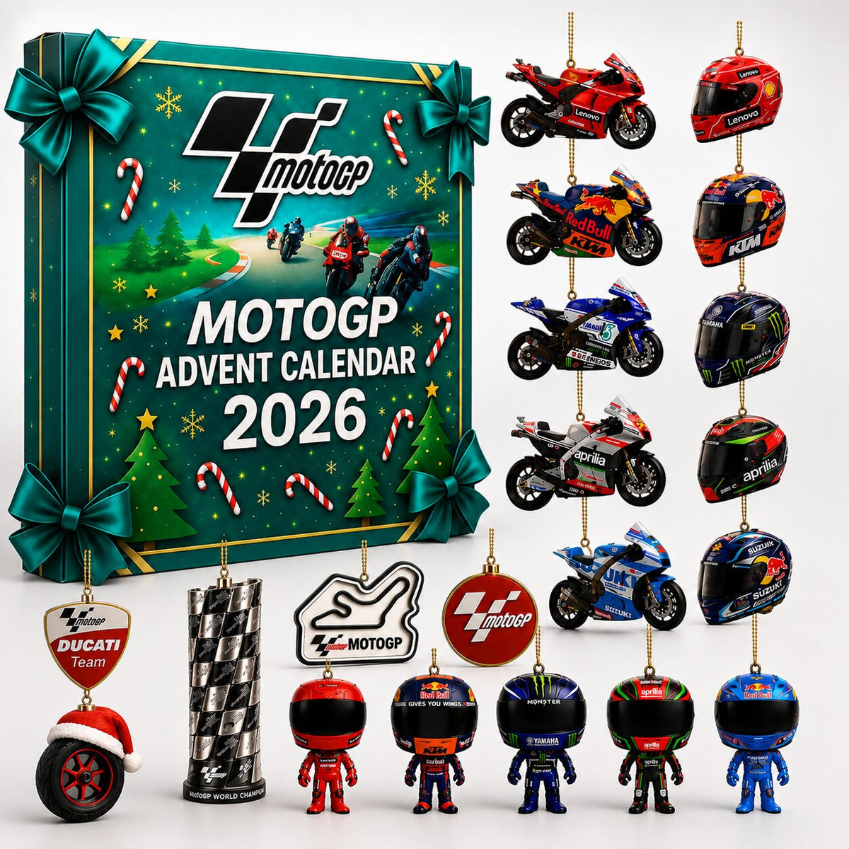 Calendrier de l'Avent MotoGP 2026 sur fond blanc avec ses 24 ornements 2D