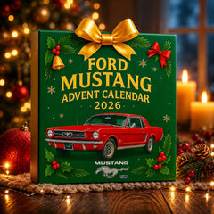 Coffret du calendrier de l'Avent Mustang 2026 avec nœud doré près de bougies allumées