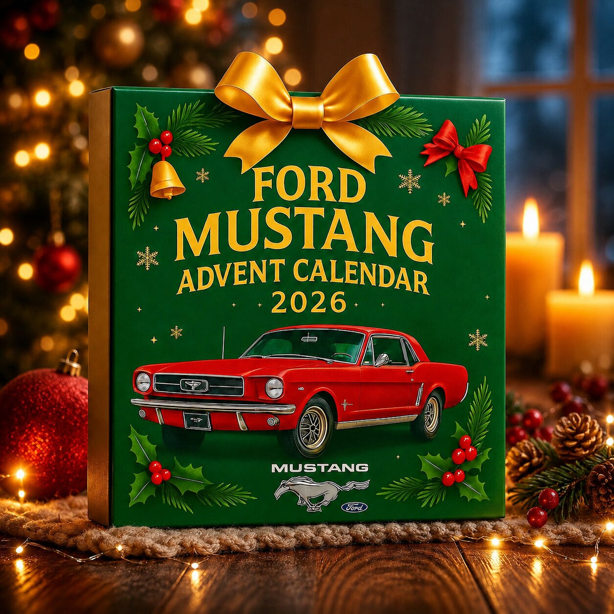 Coffret du calendrier de l'Avent Mustang 2026 avec nœud doré près de bougies allumées