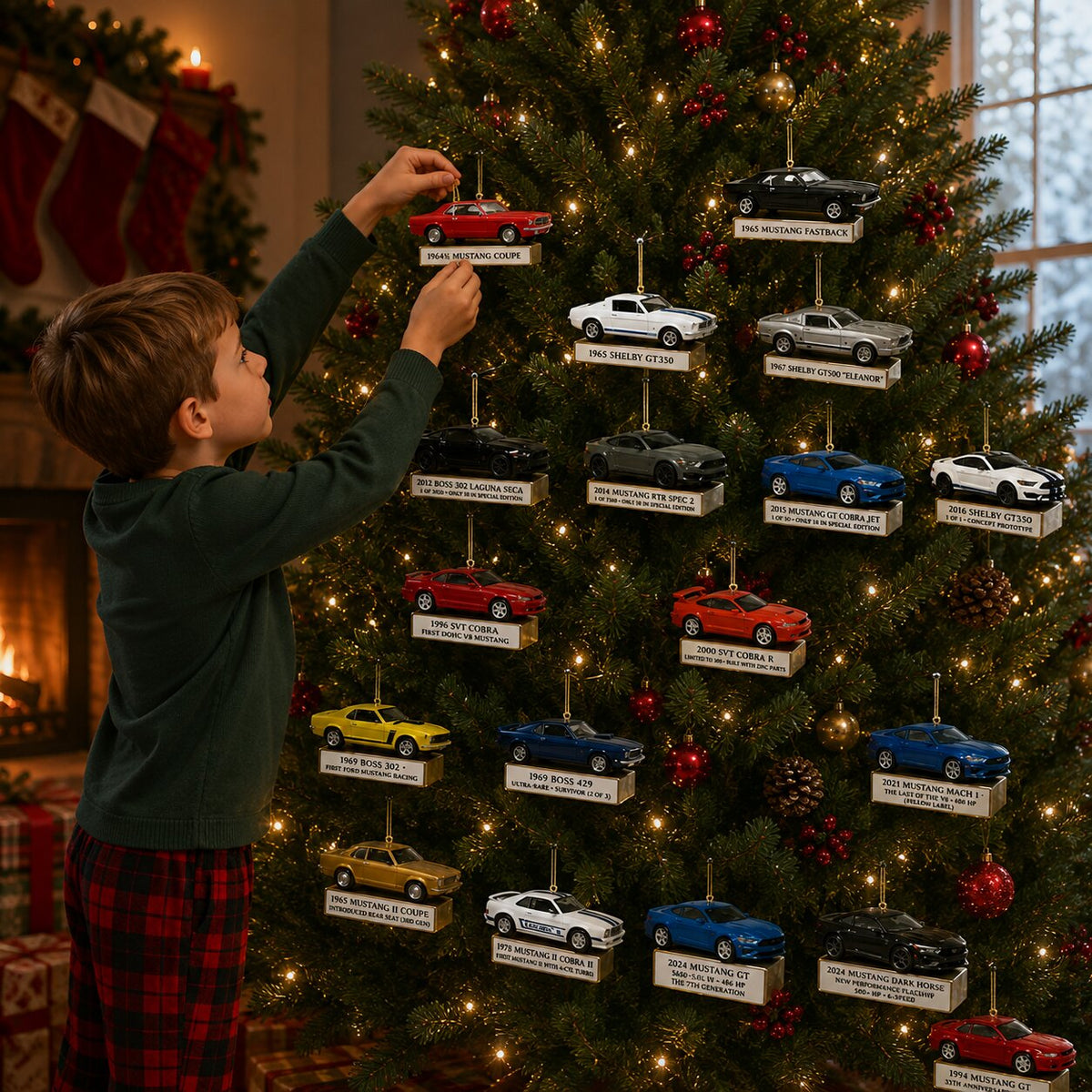 Enfant accrochant un ornement voiture du calendrier de l'Avent Mustang au sapin de Noël