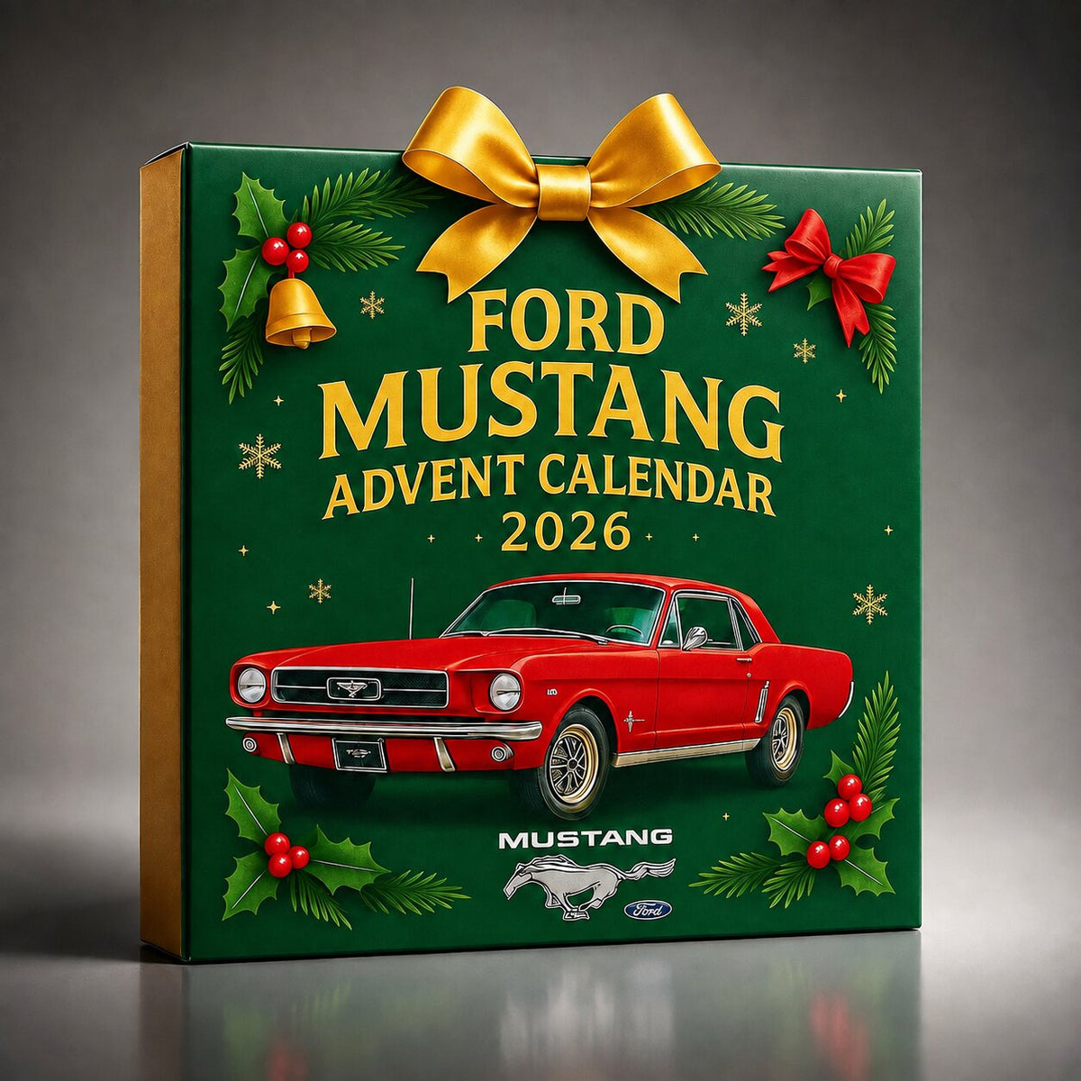 Coffret vert du calendrier de l'Avent Mustang 2026 avec Mustang rouge imprimée, vue de trois quarts
