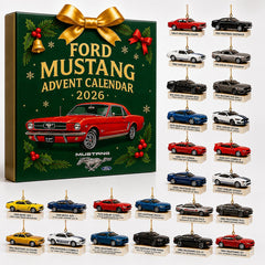 Calendrier de l'Avent Mustang 2026 et ses 24 ornements voitures sur fond blanc