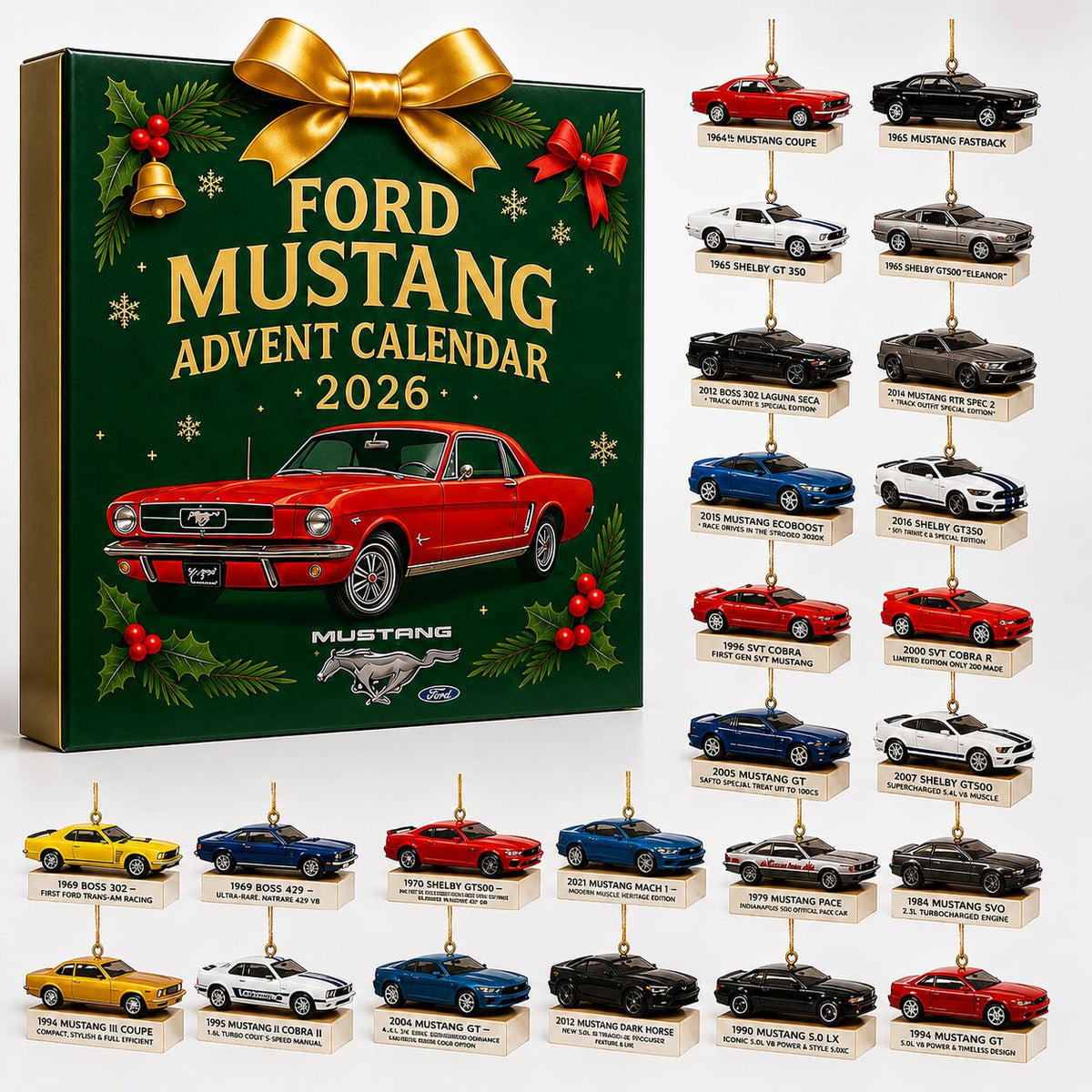 Calendrier de l'Avent Mustang 2026 et ses 24 ornements voitures sur fond blanc