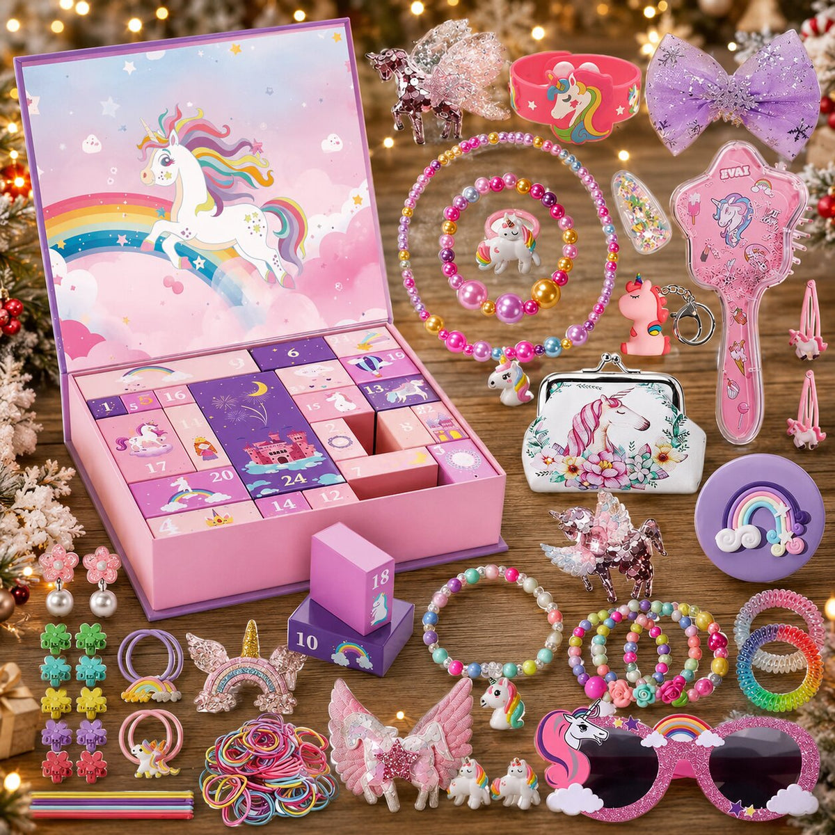 Calendrier de l'Avent licorne ouvert avec accessoires cheveux, bijoux et brosse rose