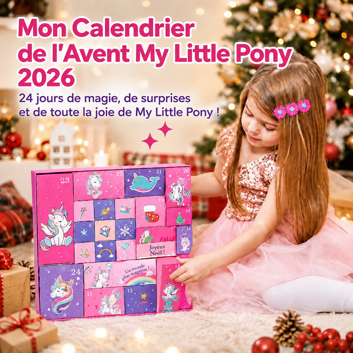 Enfant ouvrant une porte du calendrier de l'Avent My Little Pony devant le sapin