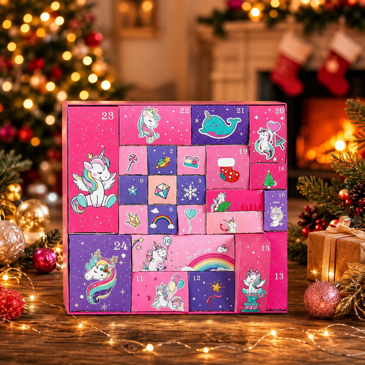 Calendrier de l'Avent rose et violet aux 24 portes numérotées et motifs de poneys