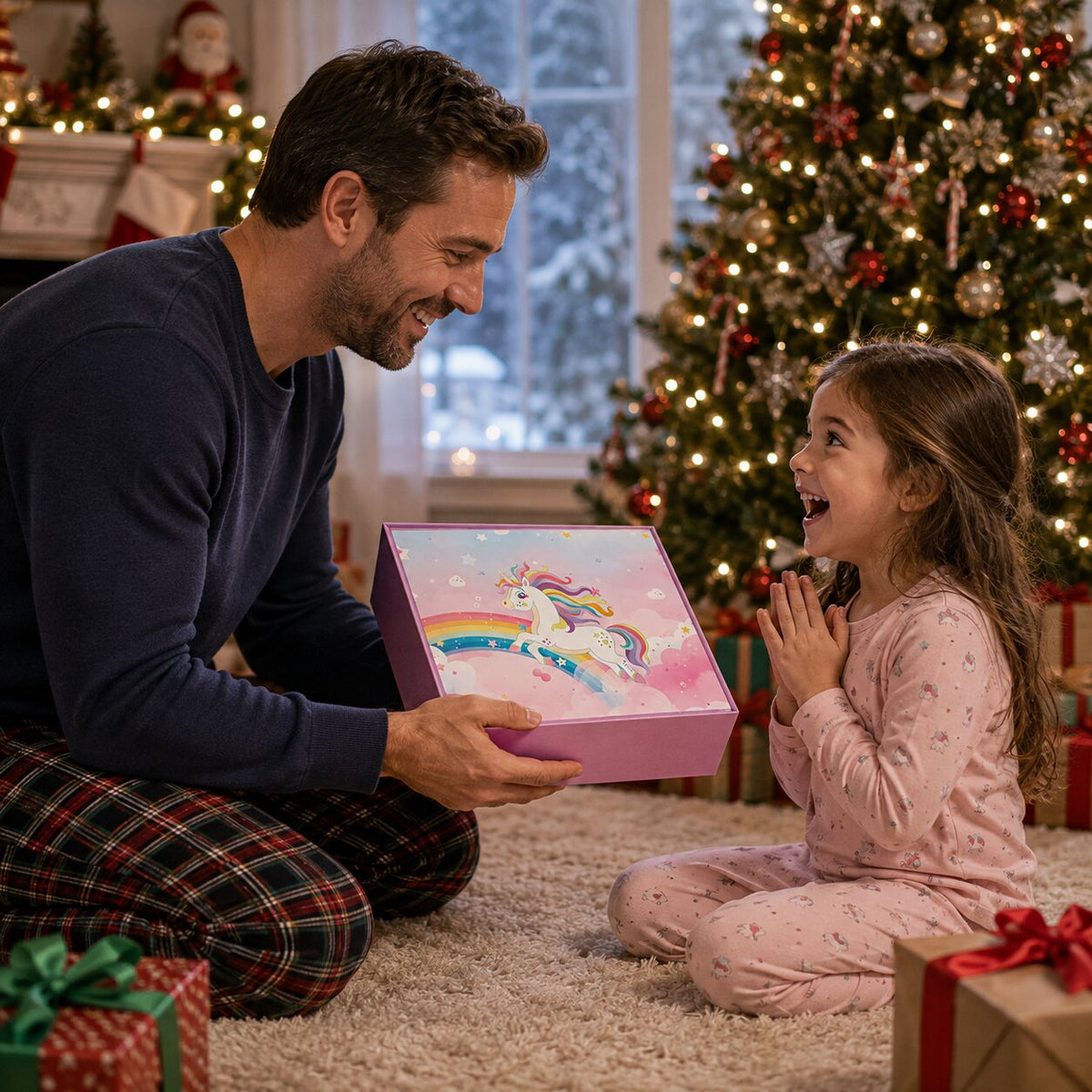 Papa offrant le coffret calendrier de l'Avent licorne à sa fille à Noël