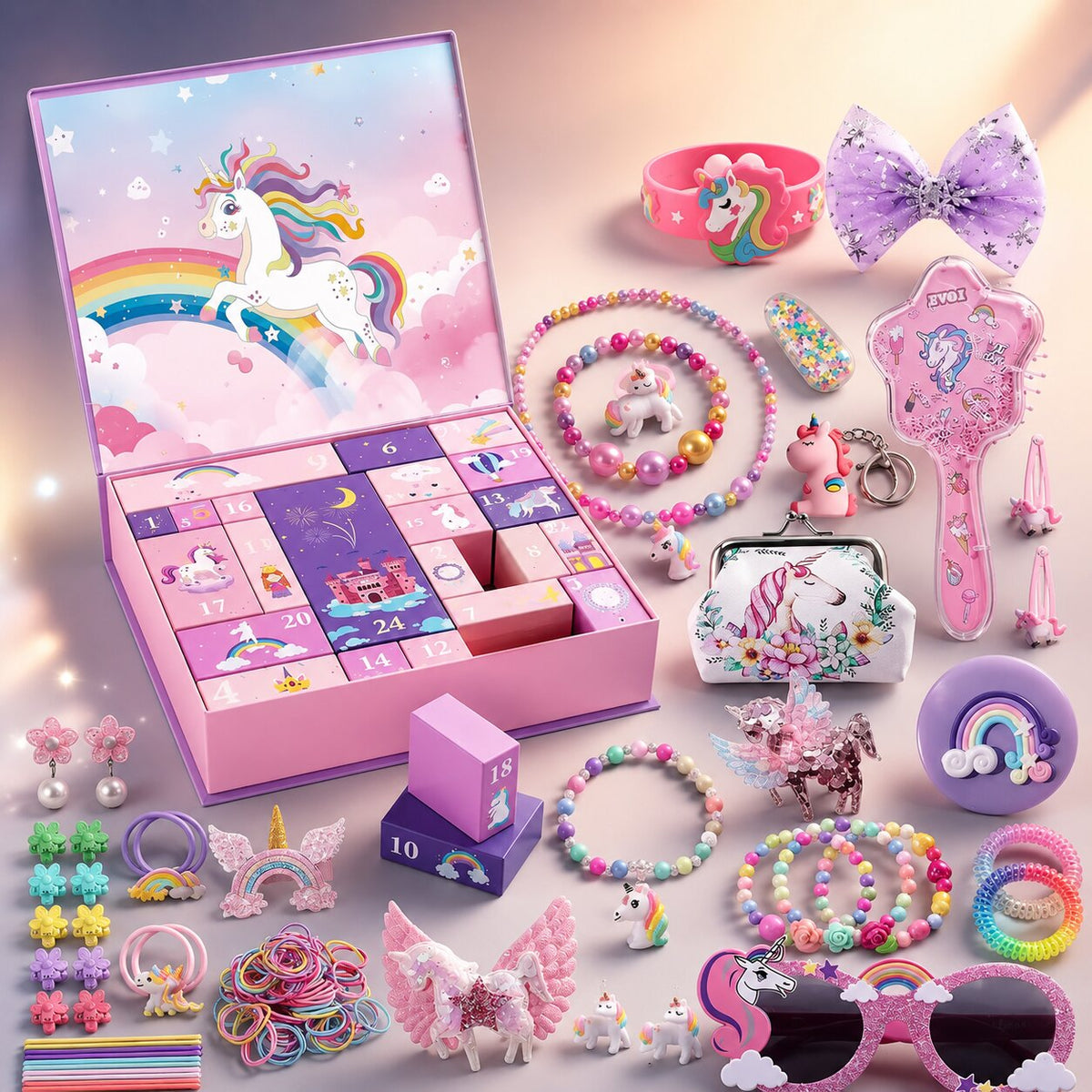 Coffret ouvert et ensemble des accessoires licorne : barrettes, bracelets et lunettes