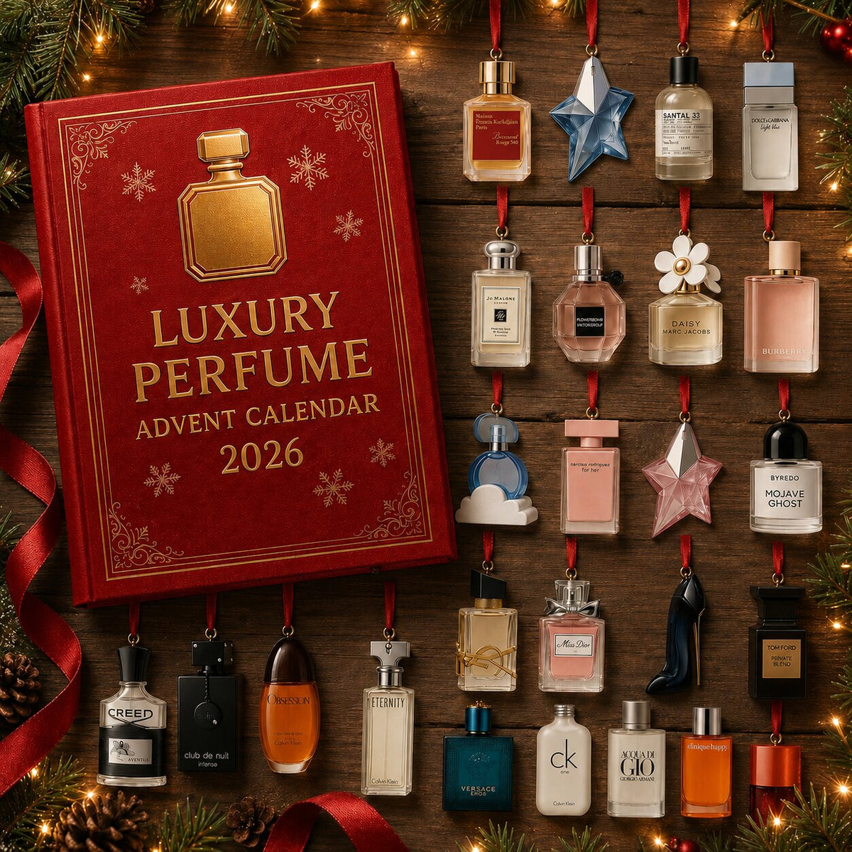 Calendrier de l'Avent parfum rouge et doré entouré d'ornements flacons suspendus à des rubans