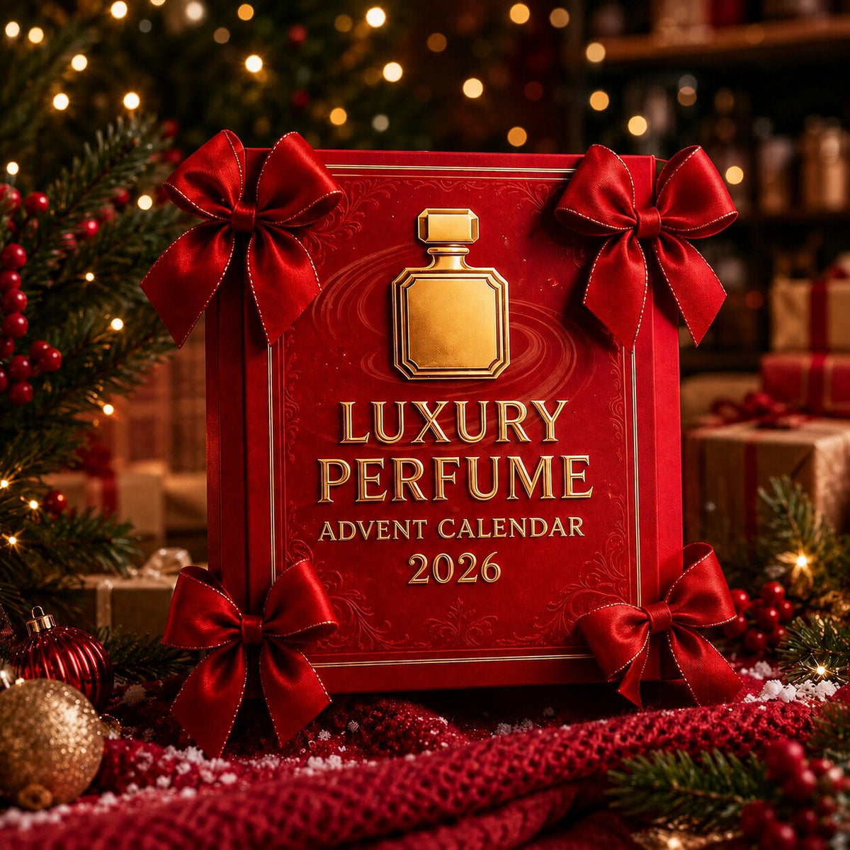 Coffret rouge du calendrier de l'Avent parfum avec quatre nœuds rouges et décorations de Noël