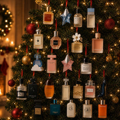 Ornements plats en forme de flacons de parfum suspendus aux branches d'un sapin illuminé
