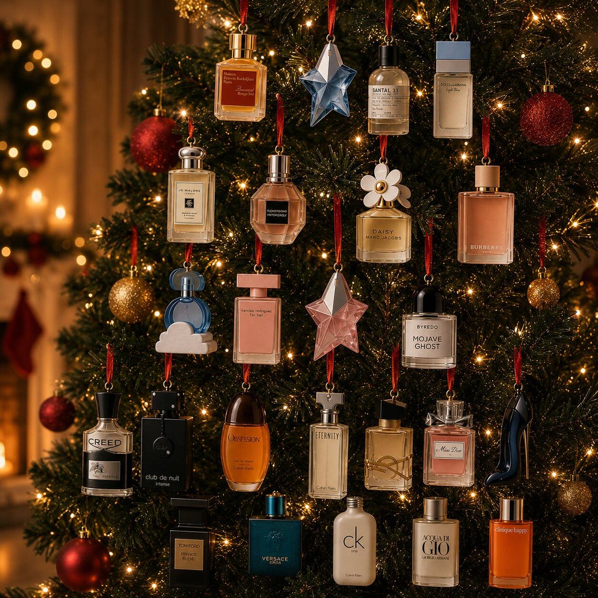 Ornements plats en forme de flacons de parfum suspendus aux branches d'un sapin illuminé