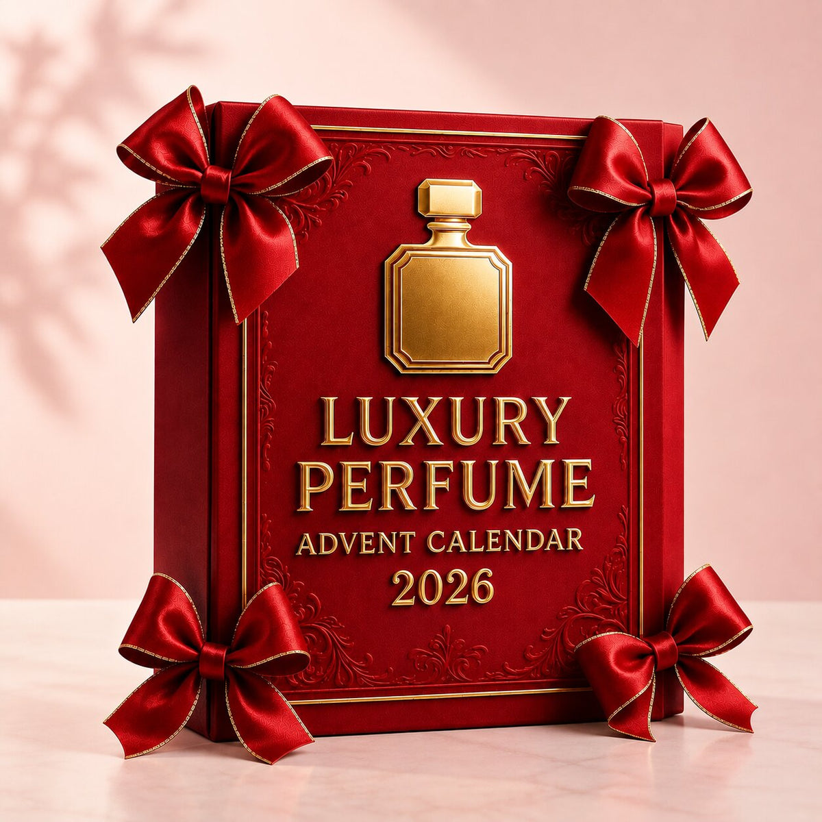 Calendrier de l'Avent parfum façon livre rouge, flacon doré en relief, sur fond rose