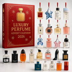 Calendrier de l'Avent parfum et ses 24 ornements flacons présentés sur fond blanc