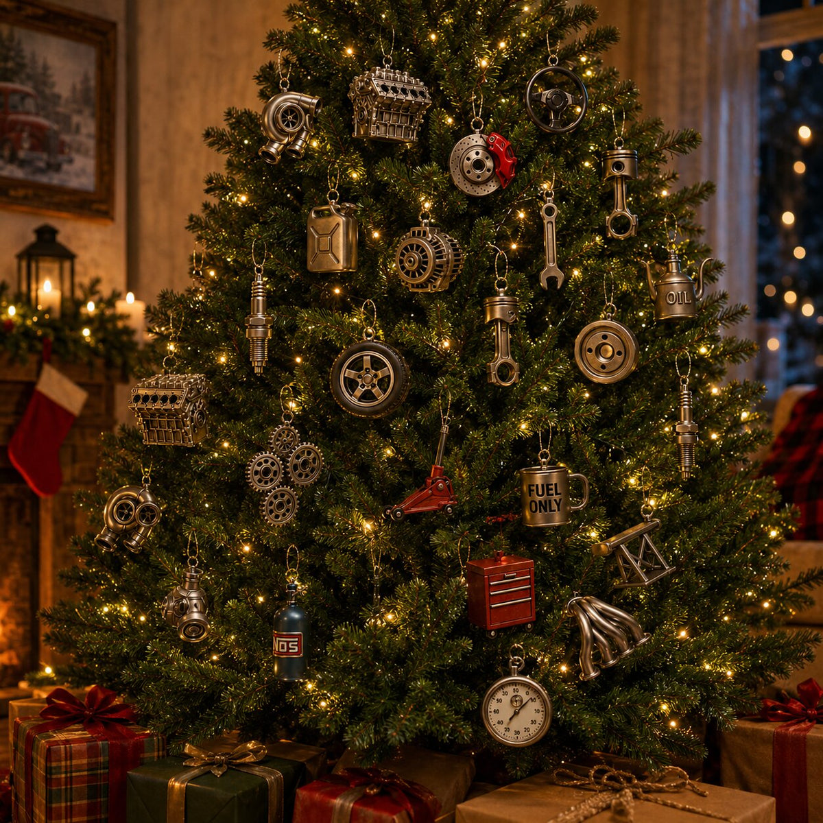 Ornements pièces automobiles du calendrier de l'Avent suspendus dans un sapin de Noël