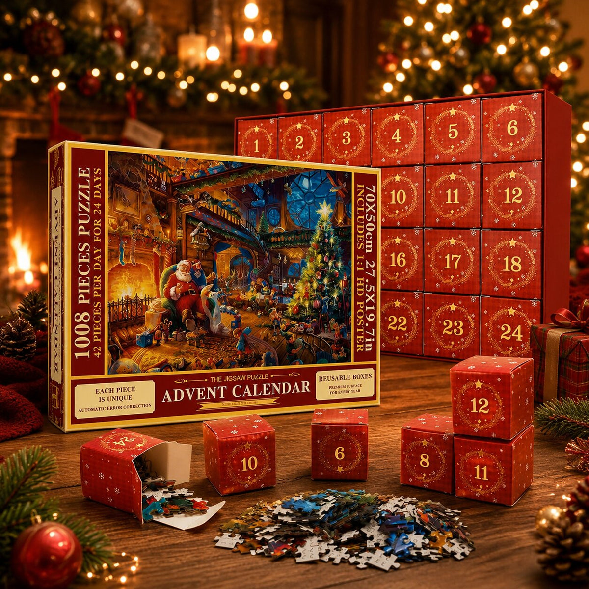 Calendrier de l'Avent puzzle avec boîte illustrée, cases numérotées rouges et pièces éparpillées