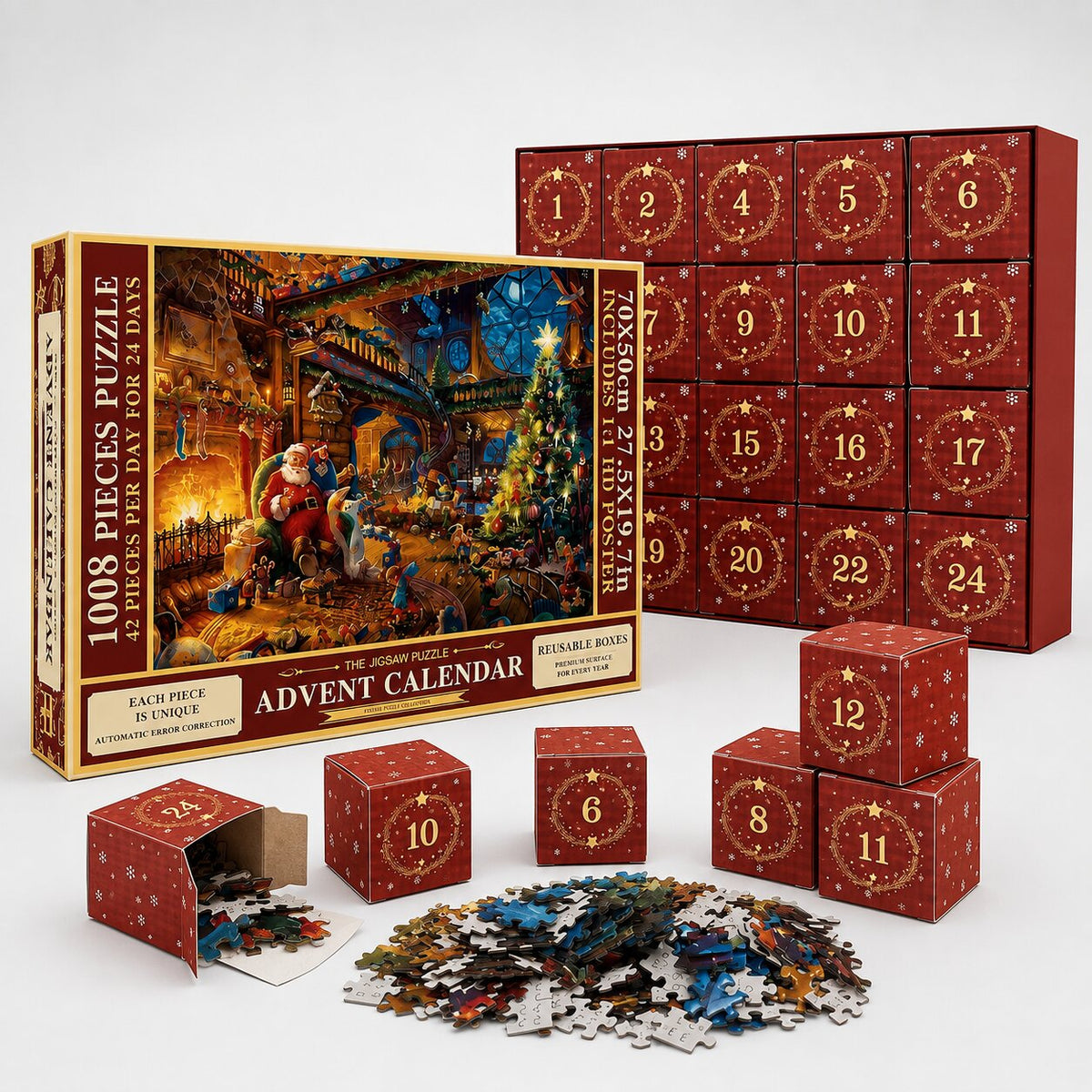 Boîte du puzzle, panneau à cases numérotées et cubes ouverts sur fond blanc