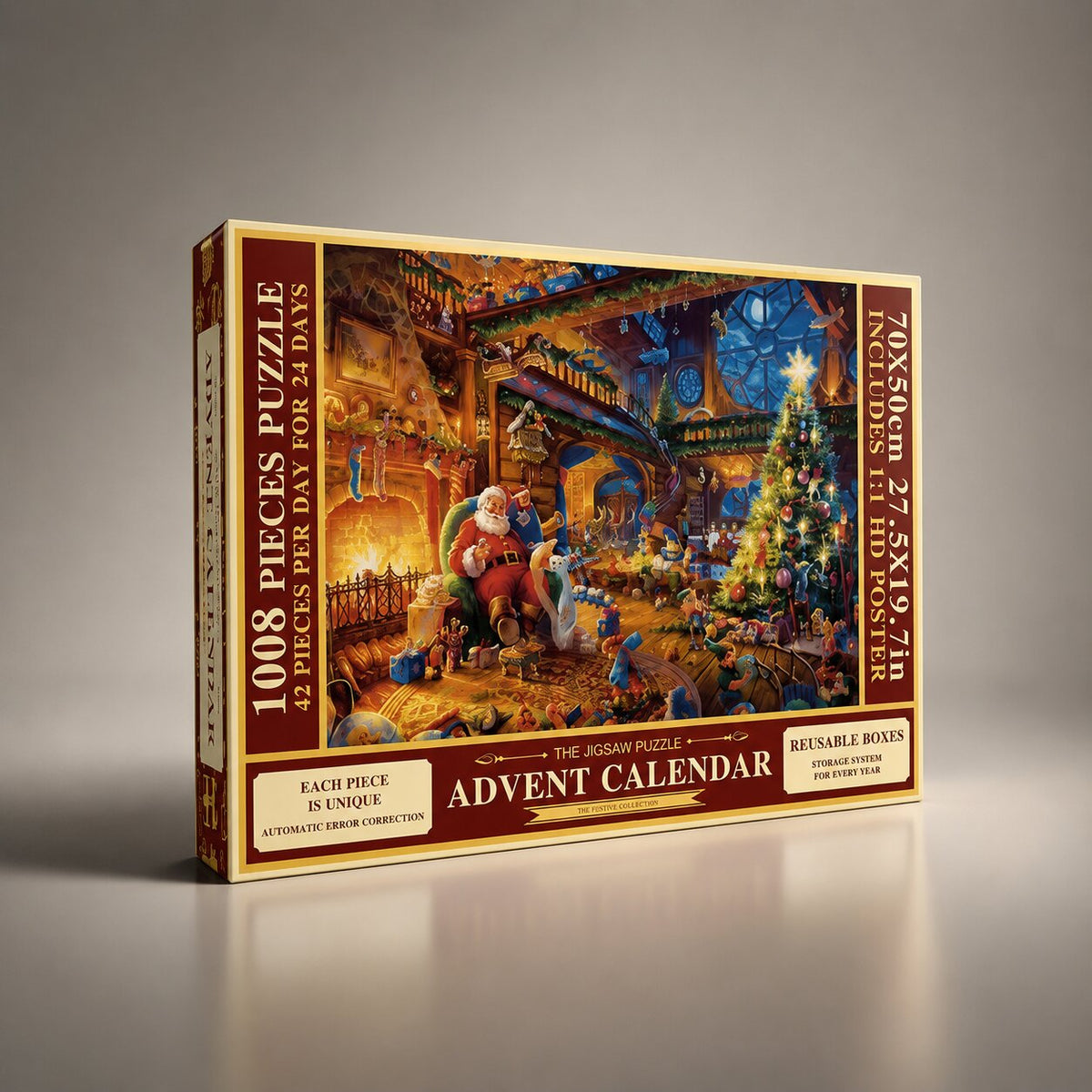Boîte du calendrier de l'Avent puzzle 1008 pièces vue de trois quarts sur fond neutre