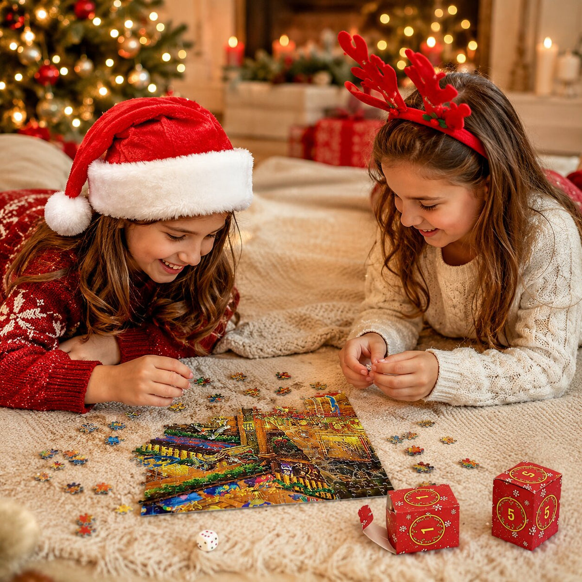 Deux enfants assemblant le puzzle de Noël avec deux petites boîtes numérotées ouvertes