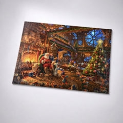 Puzzle terminé de 1008 pièces montrant le Père Noël dans son atelier illuminé