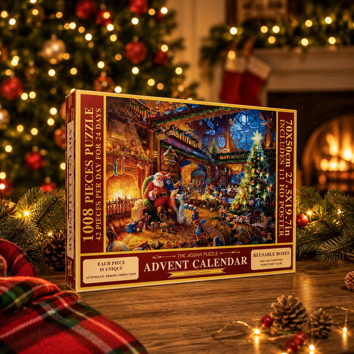 Coffret du calendrier de l'Avent puzzle posé devant une cheminée et un sapin décoré