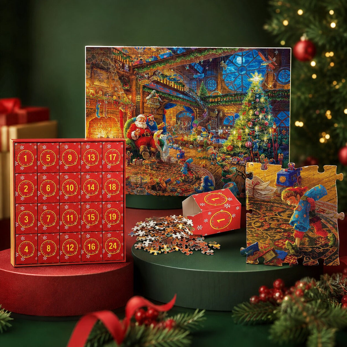 Coffret aux 24 cases numérotées, motif de Noël assemblé et pièces de puzzle en tas