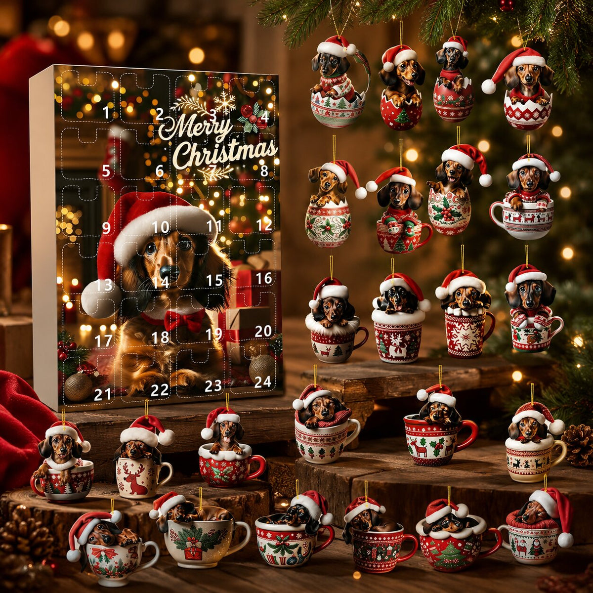 Calendrier de l'Avent teckel 2026 entouré de ses ornements de Noël en forme de tasses