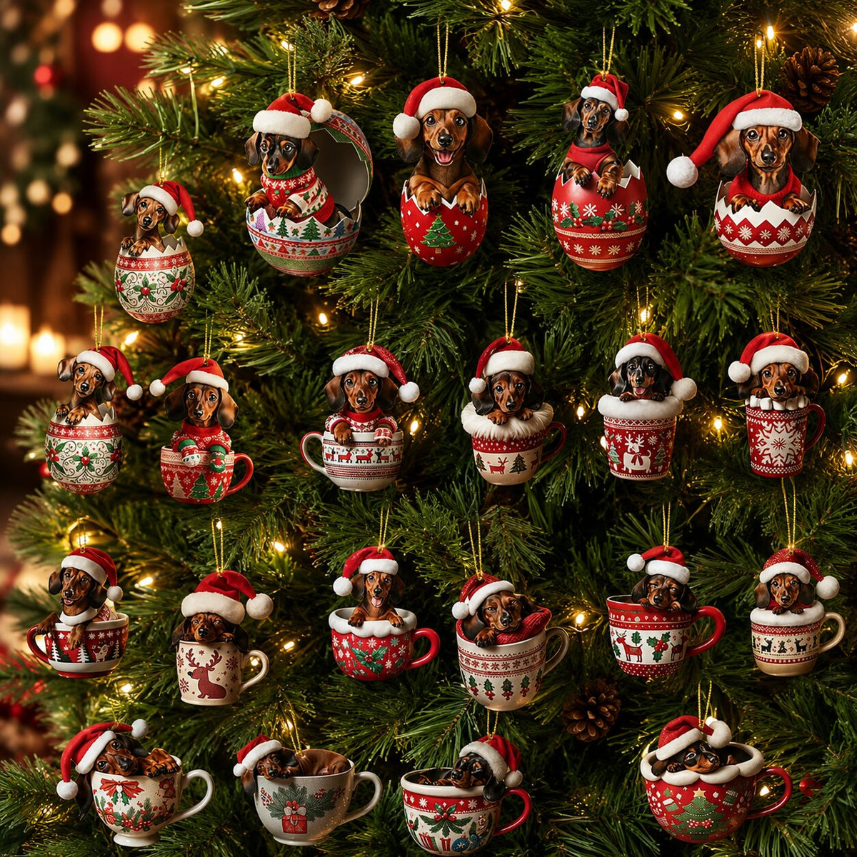 Ornements plats de teckels à bonnet rouge accrochés aux branches d'un sapin
