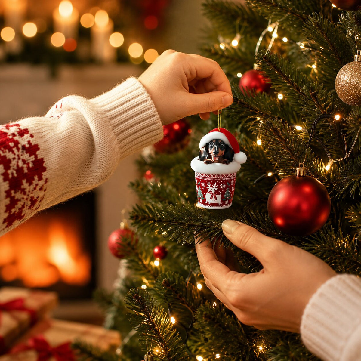 Ornement teckel dans une tasse rouge suspendu à un sapin de Noël